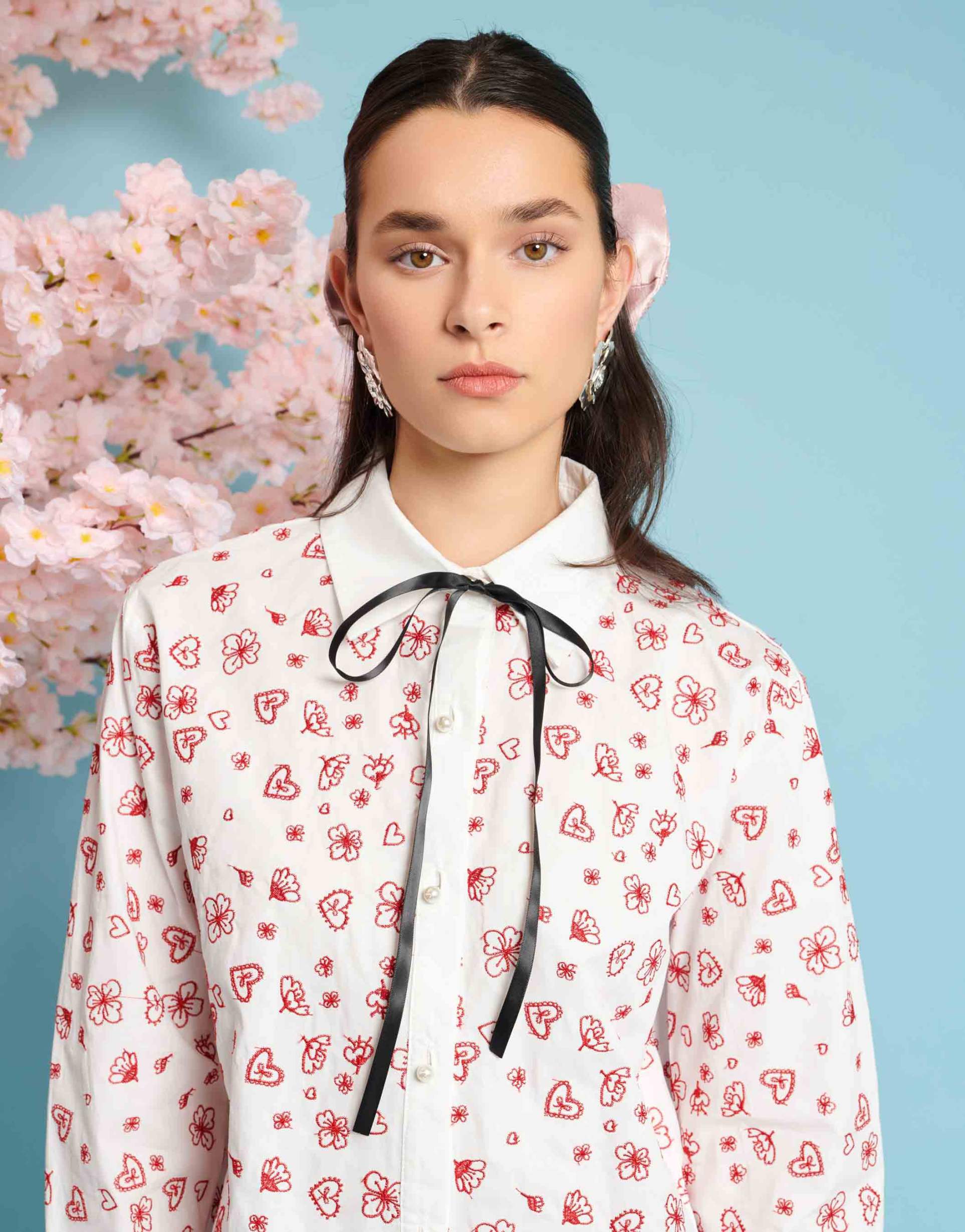 sister jane heart and flower embroidered shirt in ivory