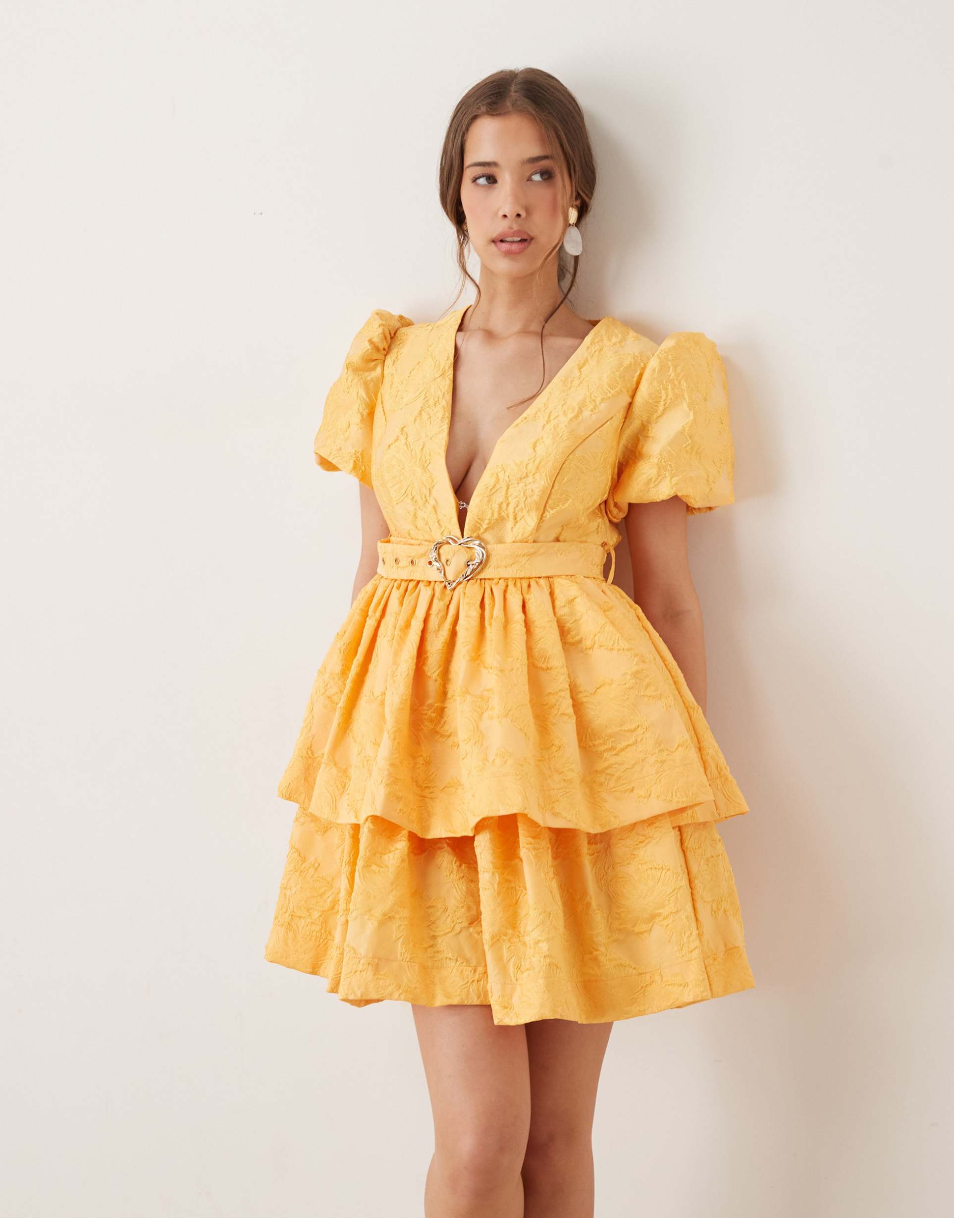 sister jane heart belt jacquard mini dress in ochre