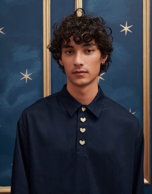 Sister Jane heart embellished button shirt in navy