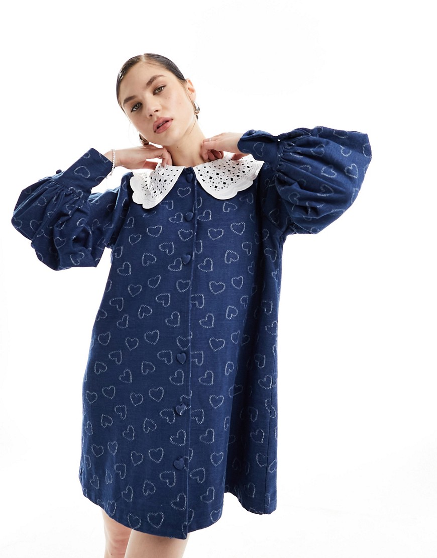 Sister Jane heart embellished collar mini dress in denim co-ord-Blue