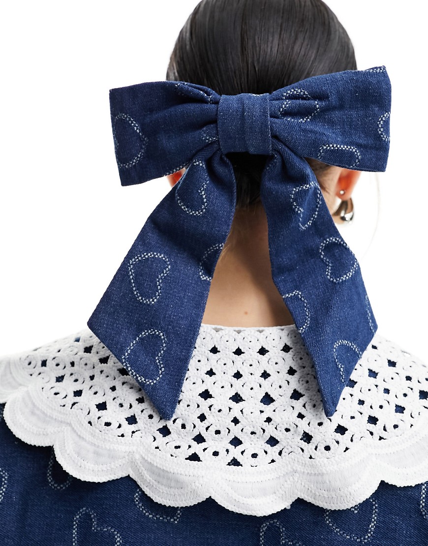 heart embellished hair bow clip in denim - part of a set-Blue