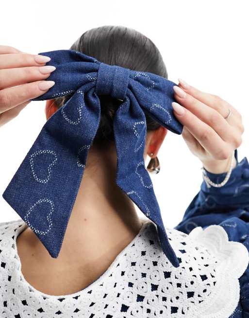 Gorgeous Sequin Heart Denim Bow Hair Clip Sister Jane heart embellished hair bow clip in denim - part  main image 4