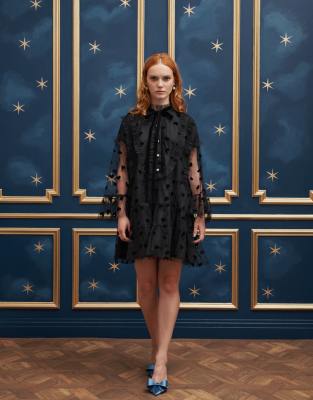 Sister Jane Heart Embossed Bow Front Mini Dress In Black
