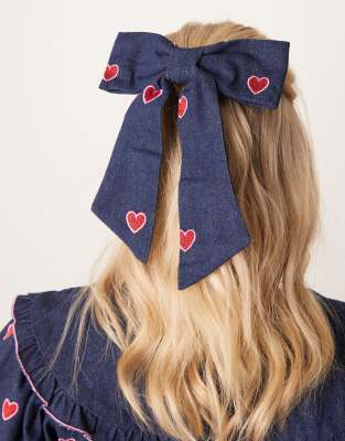 sister jane Sister Jane heart embroidered denim hair bow in blue