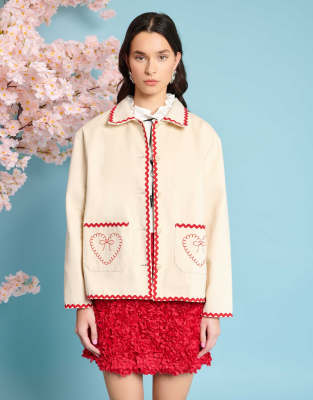 heart embroidered jacket in cream - part of a set-White