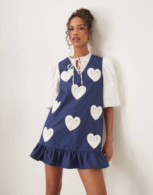 heart embroidered mini dress in denim blue