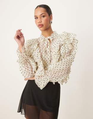 heart print oversized top in cream-White