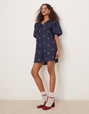 hearts embroidered mini dress in denim blue