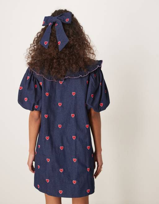 Sister Jane hearts embroidered mini dress in denim blue | ASOS