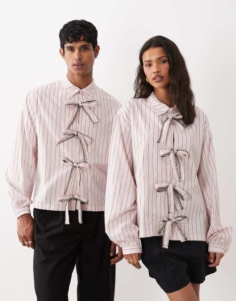 Sister Jane Henrik Unisex cotton bow detail shirt in pink stripe - view 1