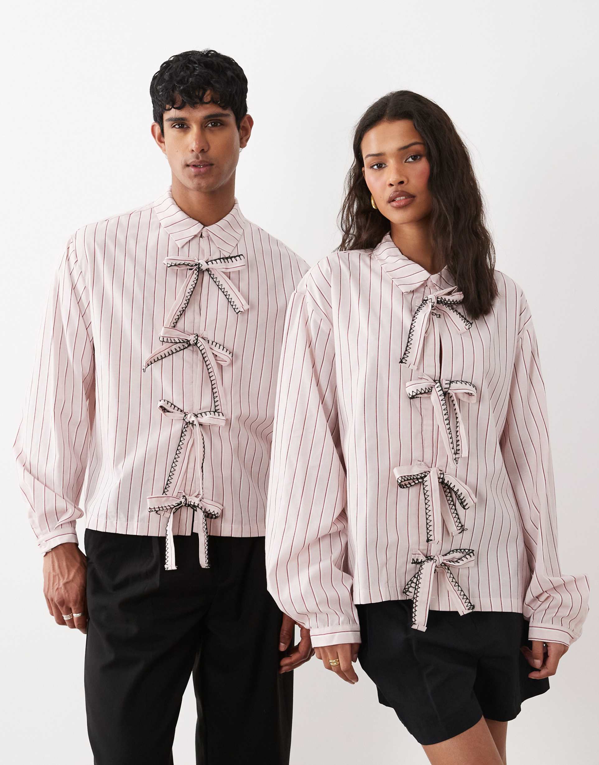 sister jane henrik unisex cotton bow detail shirt in pink stripe