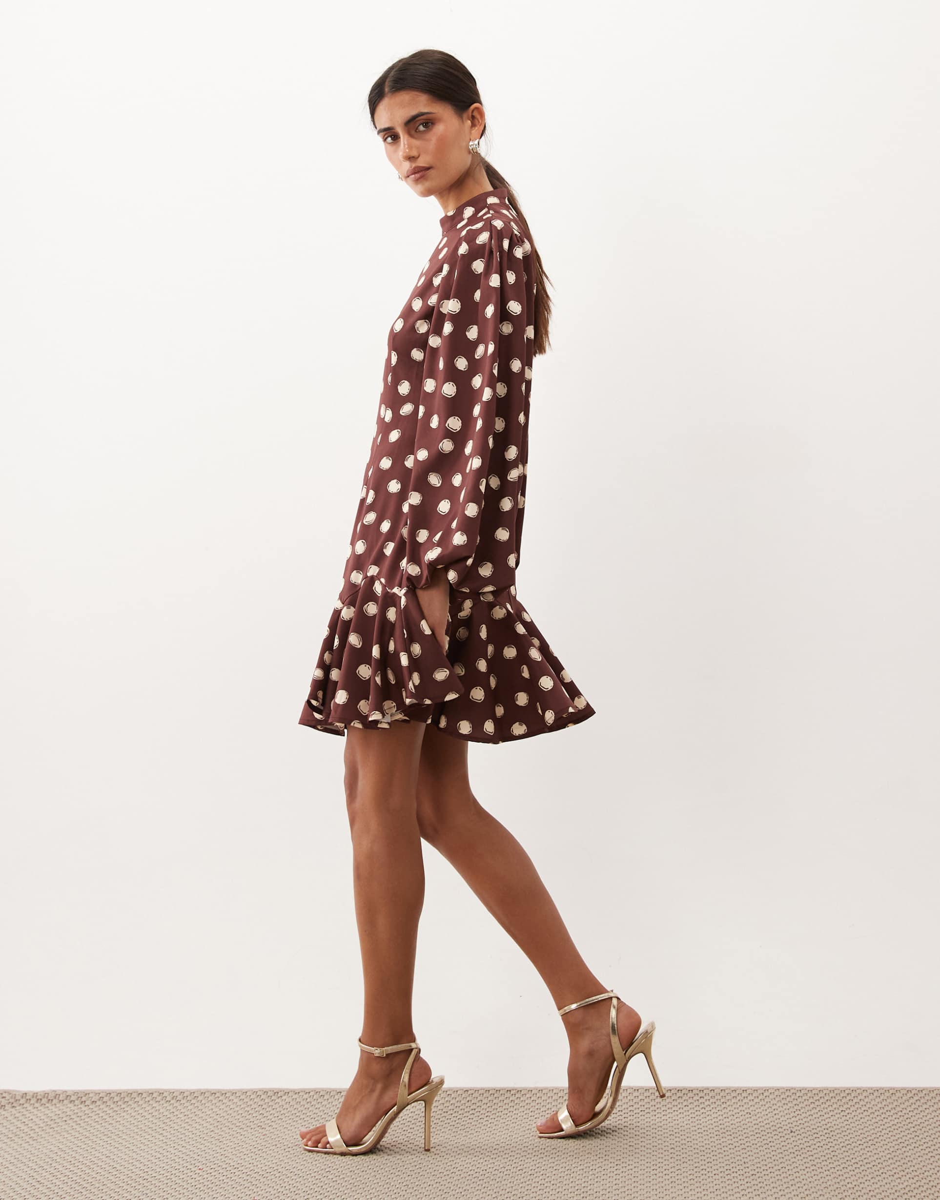 sister jane illume exclusive high neck balloon sleeve ruffle drop hem mini dress in brown and cream polka dot