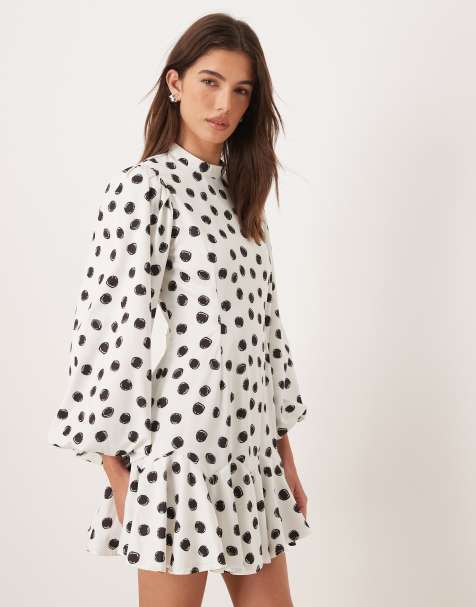Sister Jane Illume exclusive high neck balloon sleeves dropped ruffle hem mini dress in white polka-dot print - view 1