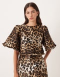 [sister jane] Sister Jane jacquard bell sleeve crop top in leopard print (Part of a set)-Brown L BROWN
