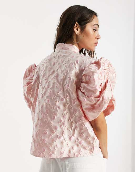 Sister Jane jacquard blouse with bow tie and puff sleeves in pink