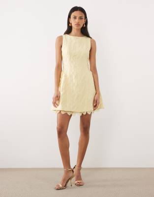 Sister Jane Jacquard Boat Neck Volume Lace Underskirt Mini Dress In Yellow