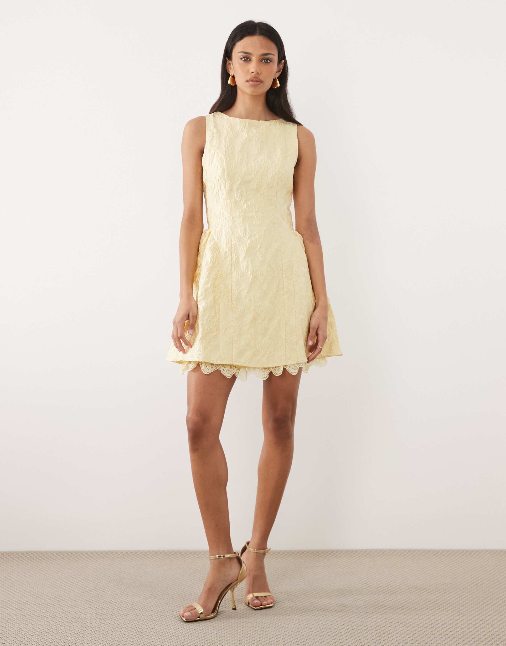 sister jane jacquard boat neck volume lace underskirt mini dress in butter yellow