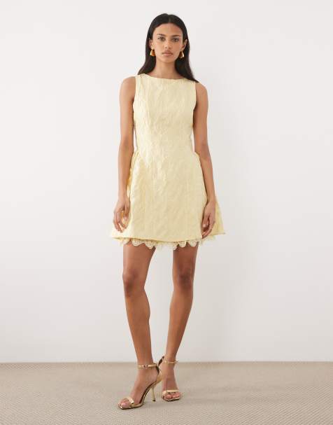 Sister Jane jacquard boat neck volume lace underskirt mini dress in butter yellow