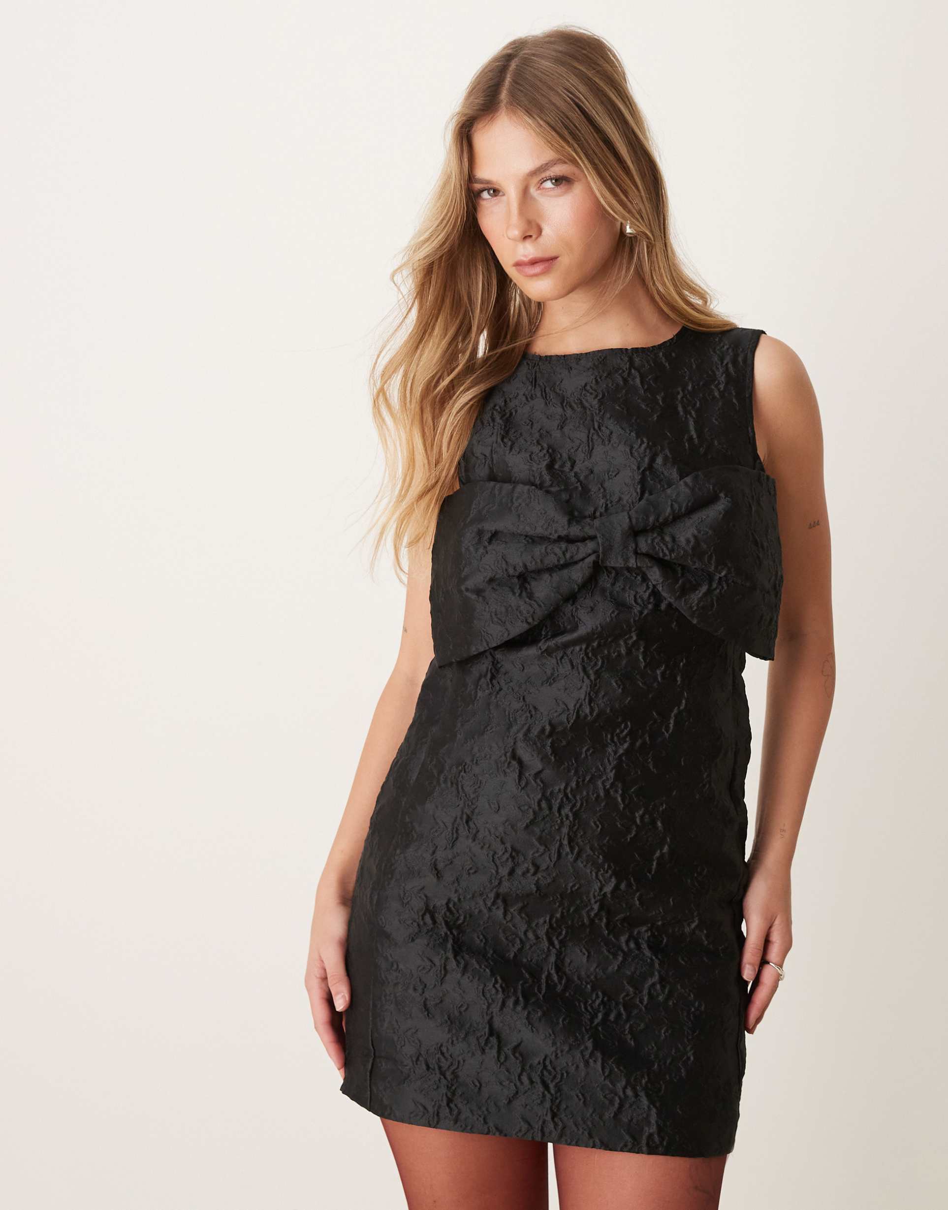 sister jane jacquard bow mini dress in black