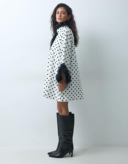 Sister Jane jacquard faux fur trim mini dress in black polka dot, 2 of 3