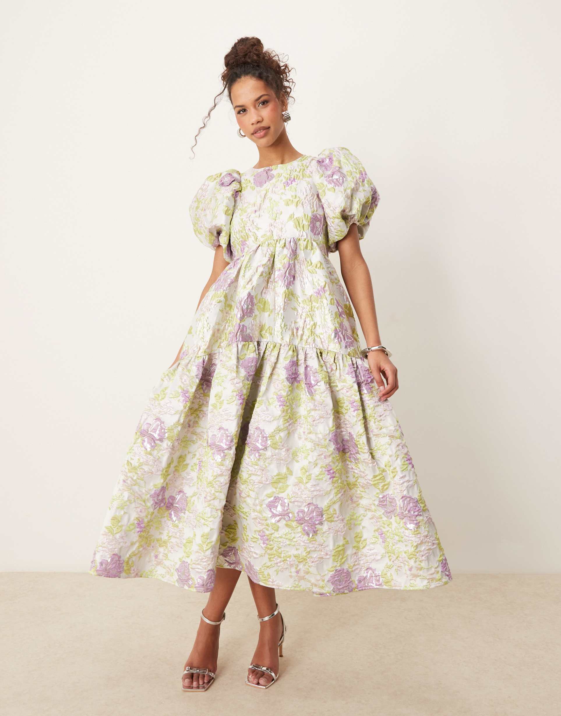 sister jane jacquard midi dress in lime and lilac
