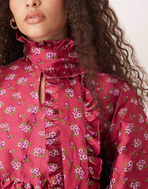 Sister Jane – Jacquard-Minikleid in Rot mit Blumenmuster und übergroßer Schluppe, 4 von 4