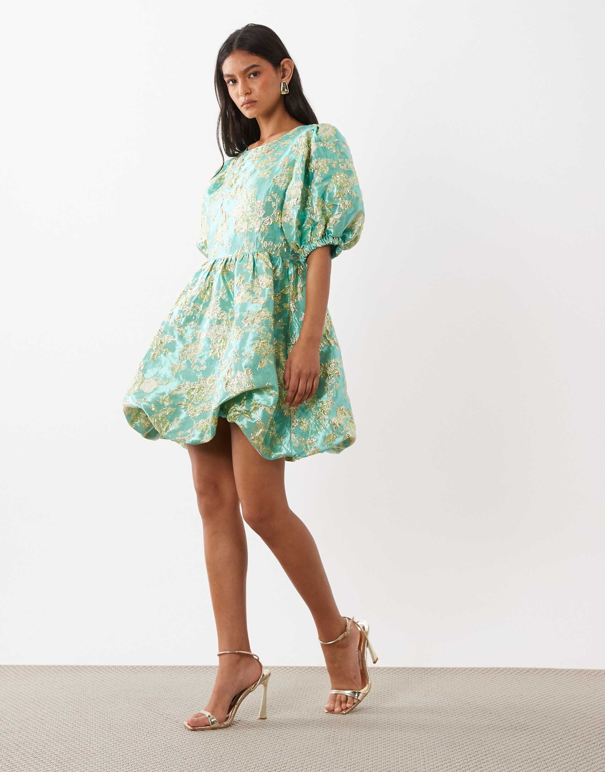 sister jane jacquard puff sleeve bubble hem mini dress in pistachio floral