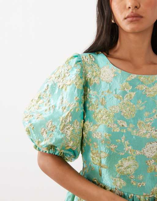 Sister Jane jacquard puff sleeve bubble hem mini dress in