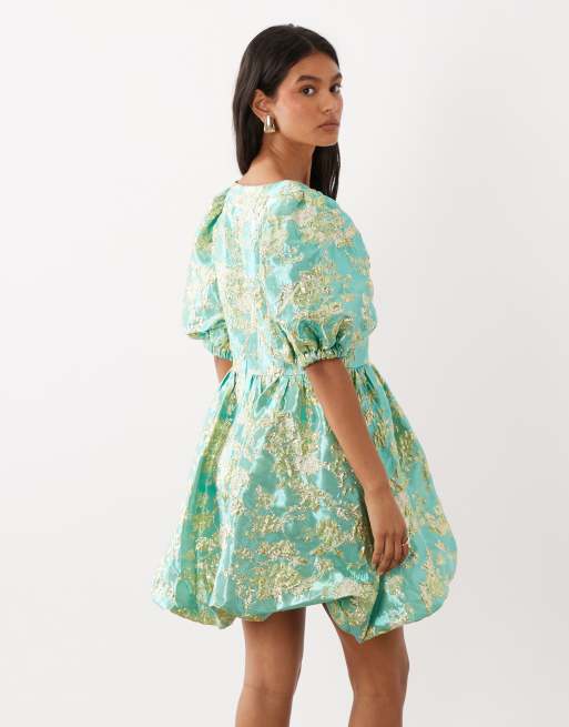 Sister Jane jacquard puff sleeve bubble hem mini dress in