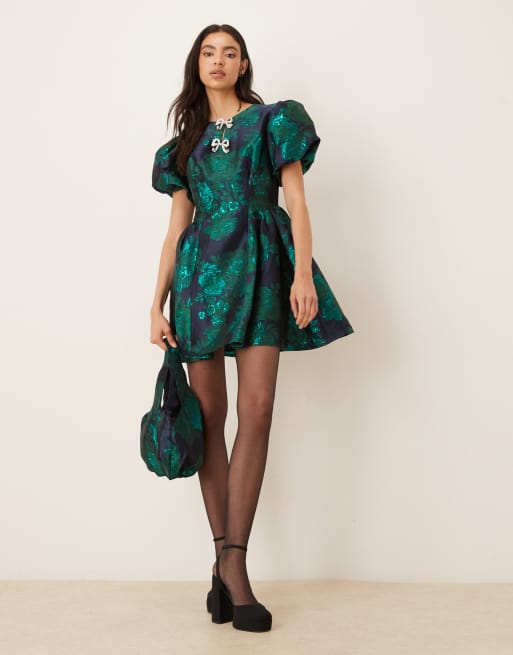 Sister Jane jacquard puff sleeve diamante bow detail mini dress in