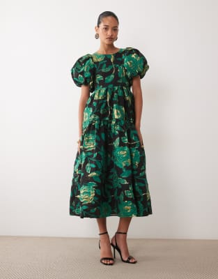 Sister Jane Jacquard Puff Sleeve Midi Dress With Diamond Back Cut Out In Green