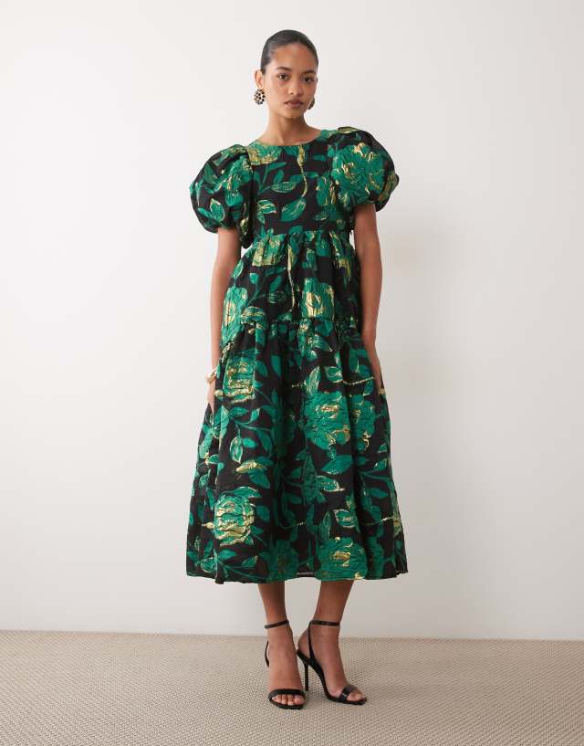 Sister Jane jacquard puff sleeve midi dress with diamond back cut