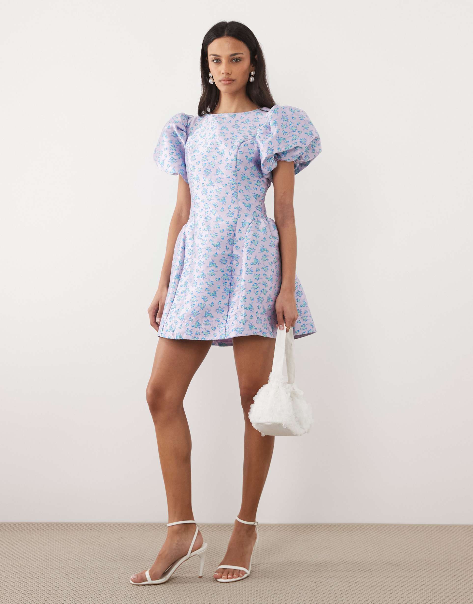 sister jane jacquard puff sleeve mini dress in lilac floral print