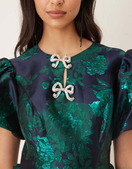 slim fit dress slacks Tiffany Jacquard Puff Sleeve Mini Dress - Green | Disturbia main image 0