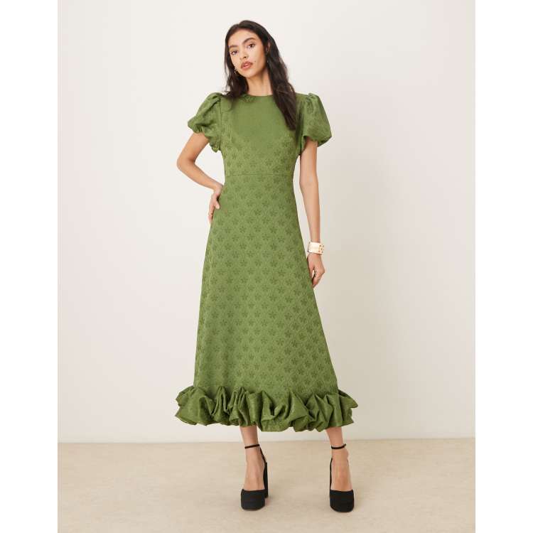 Sister Jane jacquard puff sleeve ruffle hem midaxi dress in khaki green