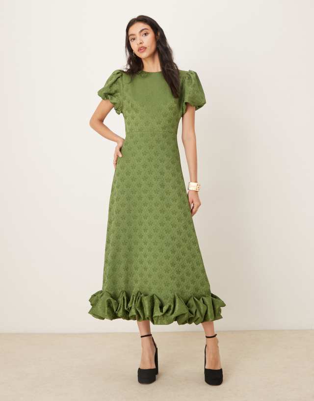 Sister Jane jacquard puff sleeve ruffle hem midaxi dress in khaki