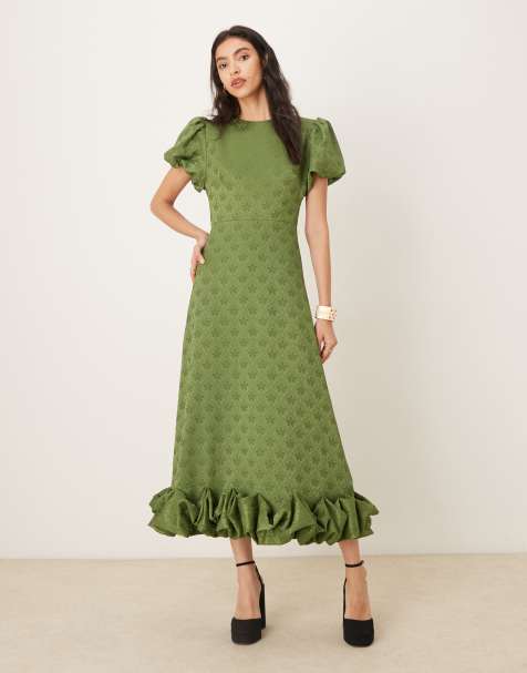 Sister Jane jacquard puff sleeve ruffle hem midaxi dress in khaki - view 1