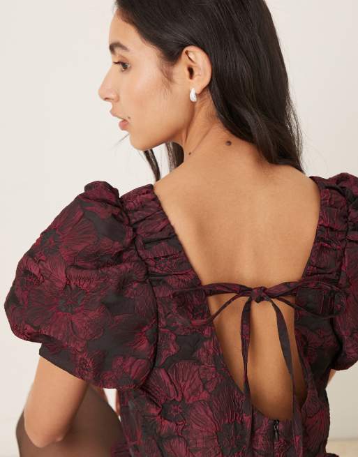 Sister Jane jacquard puff sleeve scoop neck ruffle hem mini dress