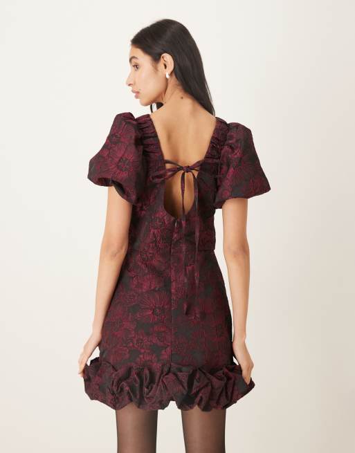 Sister Jane jacquard puff sleeve scoop neck ruffle hem mini dress
