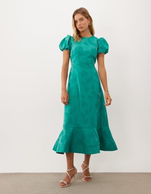 Sister Jane Jacquard Puff Sleeve Structured Hem Midi Dress In Green