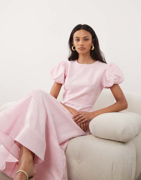 Sister Jane jacquard puff sleeve structured hem midi dress in pink - view 1