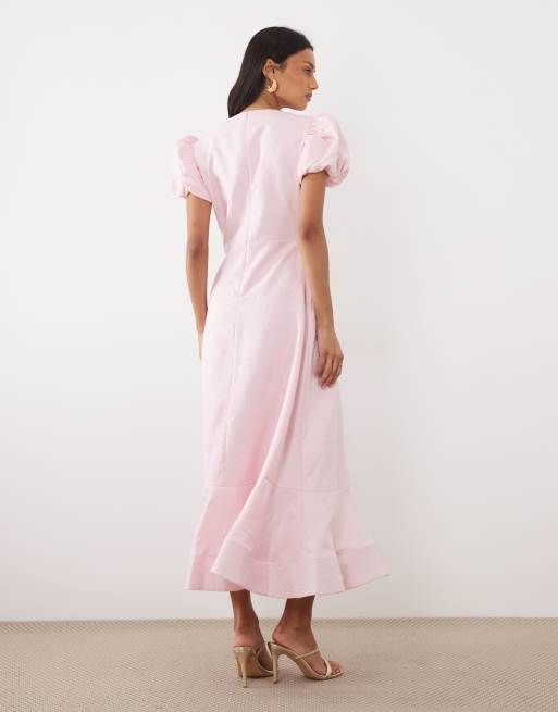 Sister Jane jacquard puff sleeve structured hem midi dress in pink, 3 of 4