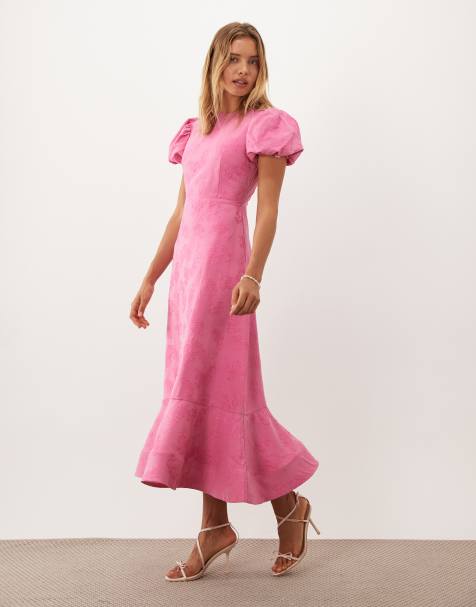 Sister Jane jacquard puff sleeve structured hem midi dress in pink - view 1