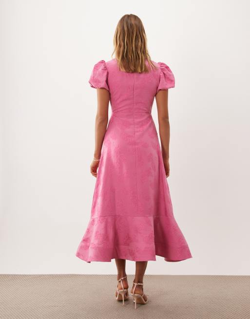 Sister Jane jacquard puff sleeve structured hem midi dress in pink, 2 of 4