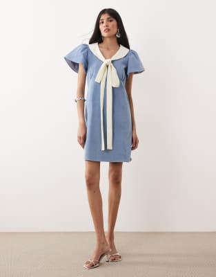 Sister Jane Kasos Denim Bow Detail Short Sleeve Mini Dress In Blue