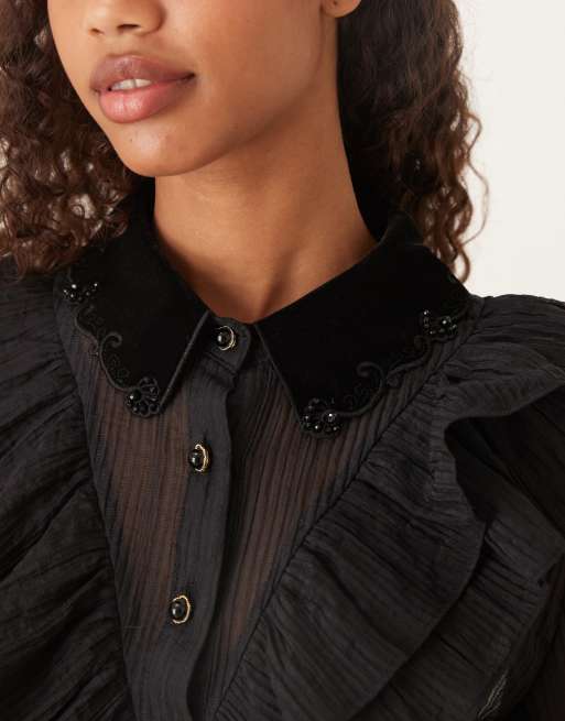 Sister Jane Kelly sheer ruffle button through shirt in black, 3 of 4