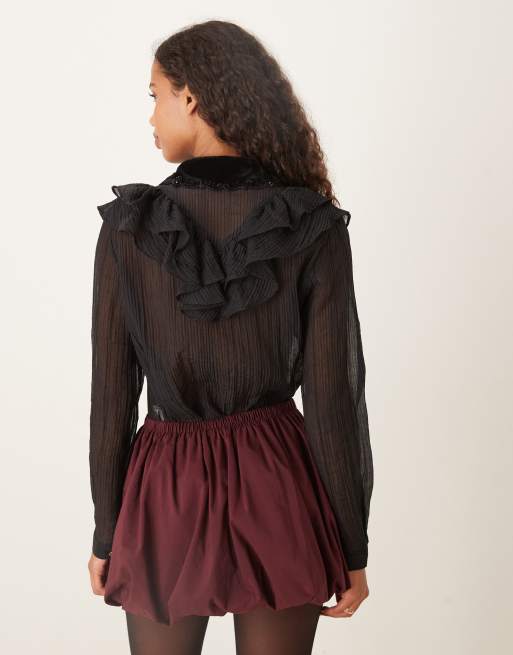 Sister Jane Kelly sheer ruffle button through shirt in black, 4 of 4