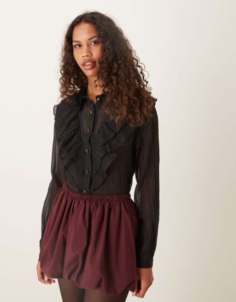 Sister Jane Kelly sheer ruffled button up shirt in black - view 1