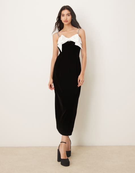 Sister Jane Kelly velvet midi dress in black with white bow and embellished straps - view 1