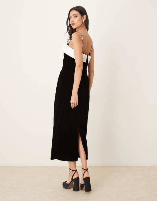 Sister Jane Kelly velvet midi dress in Black with White bow and embellished straps